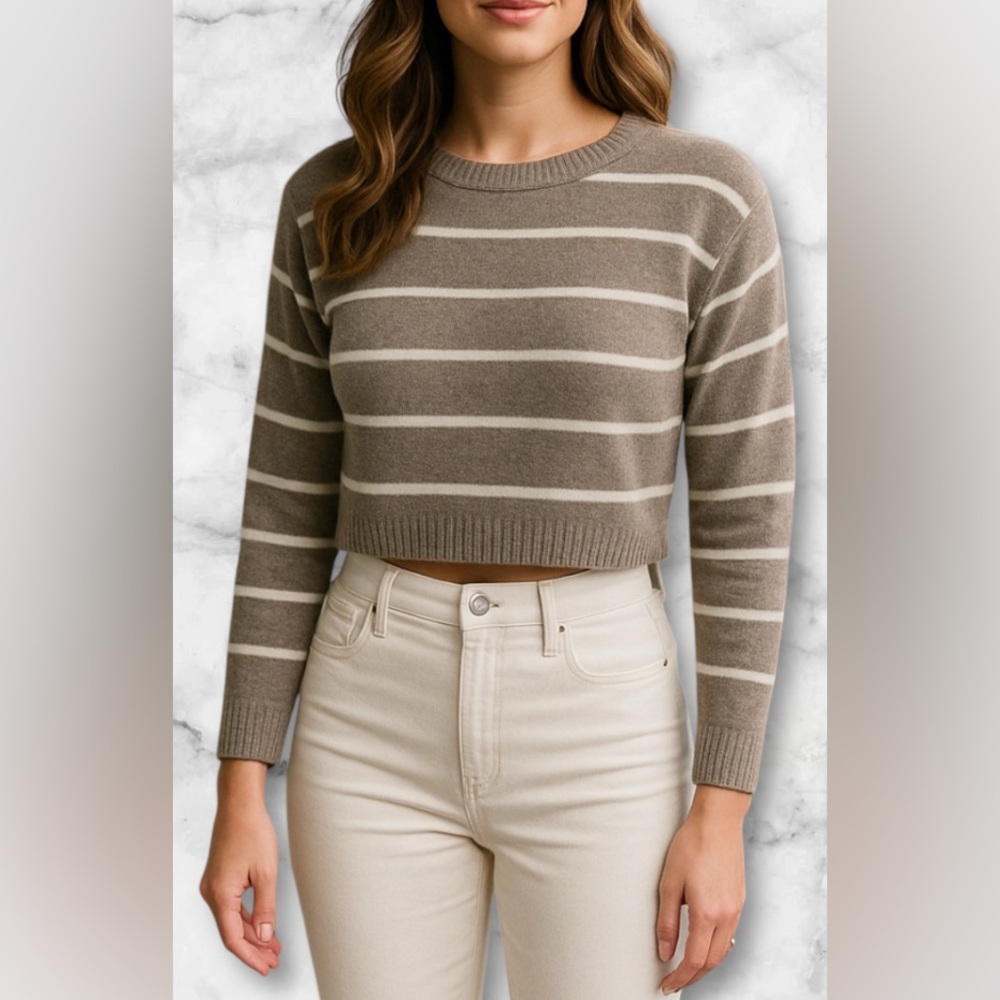 C&C California Taupe Tan and White Striped Sweater Merino Wool Cropped S…